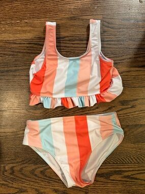 Girls Striped Ruffle Bikini Set - Coral, Peach & Aqua